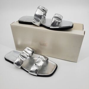 14th & Union Nordstrom Metallic Silver Corin Leather 2 Strap Slides Sandals 7